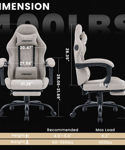 JONPONY Gaming Chair,Gamer Chair with Bluetooth and Adjustable Backrest,Seat Height Adjustable Computer Chairs with 2D Armrests,Office Chair with Footrest Speakers，LIGHT GREY
