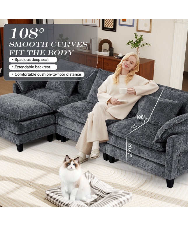 JONPONY 111" Modular Cloud Couch, L Shaped Sectional Sofa with Movable Ottoman,3 Oversized Seats Sleeper Couches for Living Room, Apartment