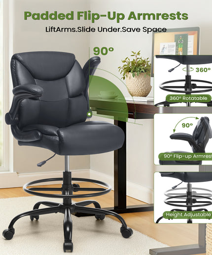 JONPONY Tall Office Chair for Standing Desk, Ergonomic High Leather Executive Office Chair with Flip-up Armrest,and Adjustable Foot Ring for Counter Height Desk,Black