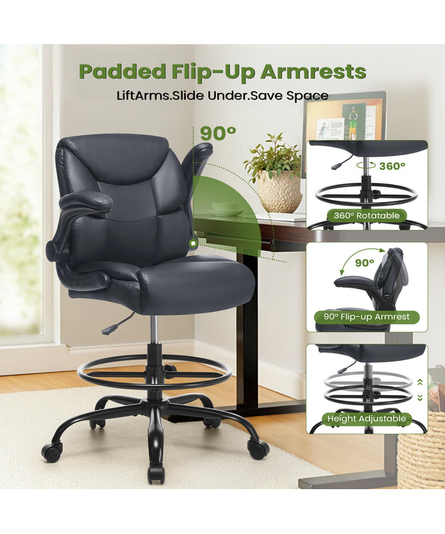 JONPONY Tall Office Chair for Standing Desk, Ergonomic High Leather Executive Office Chair with Flip-up Armrest,and Adjustable Foot Ring for Counter Height Desk,Black