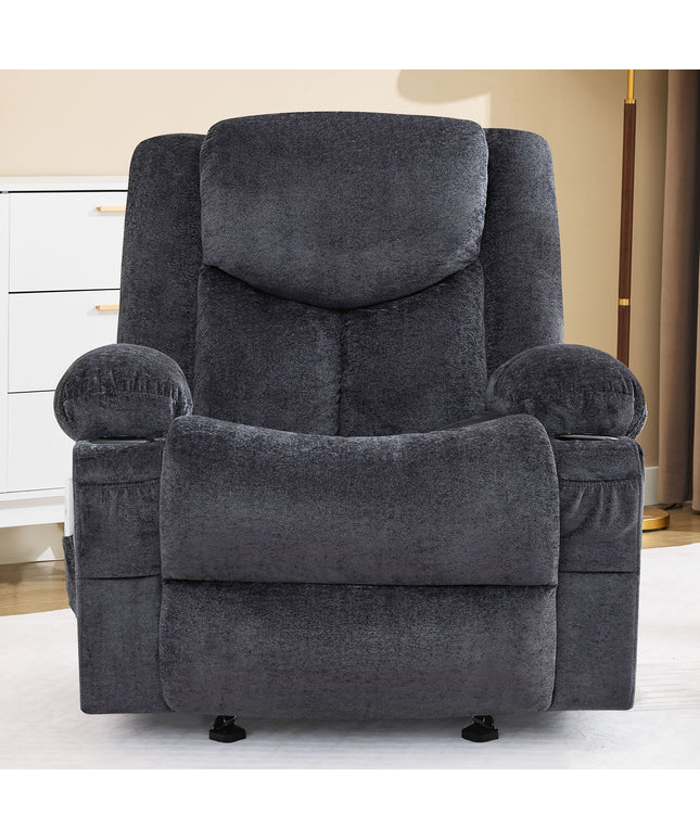 JONPONY Manual Recliner Chair with Heat Therapy and Massage Function, Heavy Duty Reclining Mechanism Massage Chair, Elderly Single Rocker Sofa with Cup Holders for Bedroom Home Theater,Grey