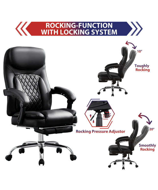 JONPONY Big and Tall Office Chair 500LBS Executive Office Chair Massage and Footrest Ergonomic Computer Desk Chair Reclining High Back Leather Office Chair Lumbar Back Support Swivel Rolling,Black