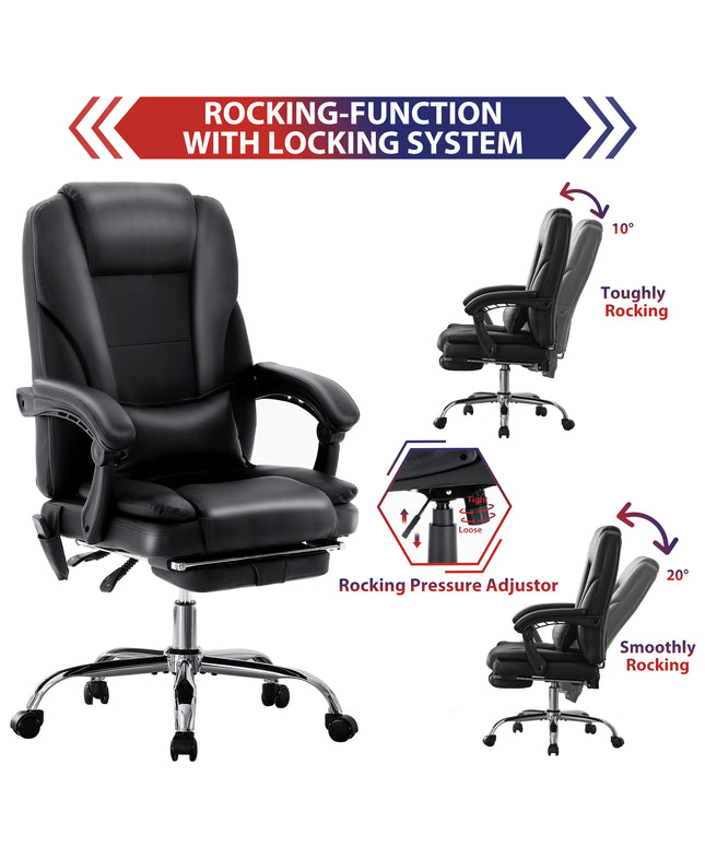 JONPONY Big and Tall Office Chair 500LBS Executive Office Chair Massage and Footrest Ergonomic Computer Desk Chair Reclining High Back Leather Office Chair Lumbar Back Support Swivel Rolling,Black