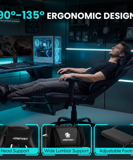 JONPONY Big and Tall 500LBS Ergonomic Gaming Chair, High Back Office Chair with Wide Wingless Seat and Thick Cushion, Comfortable Leather Computer Chair Support Long Sitting,2D Armrests