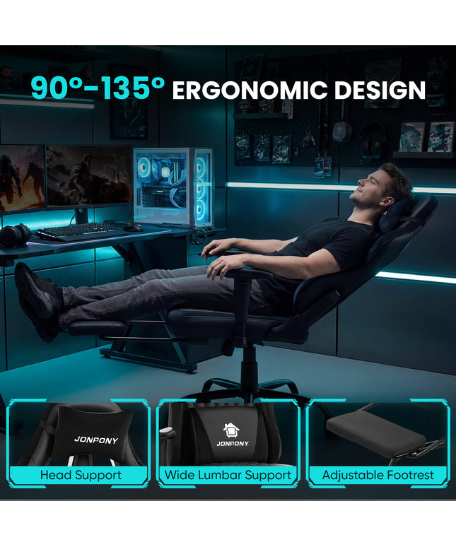 JONPONY Big and Tall 500LBS Ergonomic Gaming Chair, High Back Office Chair with Wide Wingless Seat and Thick Cushion, Comfortable Leather Computer Chair Support Long Sitting,2D Armrests