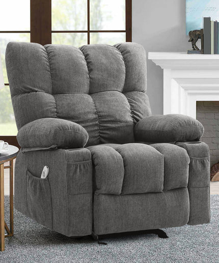 JONPONY Recliner Chair, Swivel Rocker Recliner Chair for Adults, Upholstered Manual Recliner with Side Pockets,Elderly Single Rocker Sofa with Cup Holders for Bedroom Home Theater,Grey
