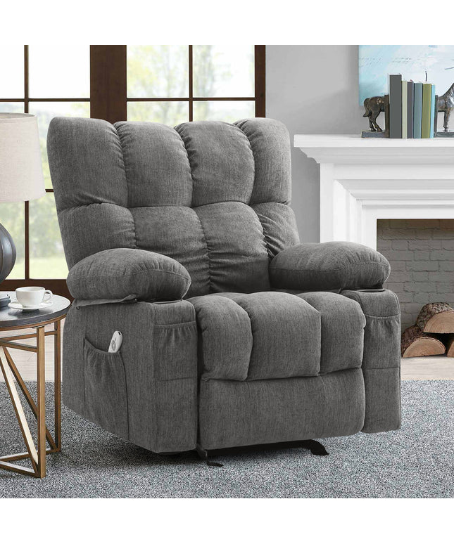 JONPONY Manual Recliner Chair with Heat Therapy and Massage Function, Heavy Duty Reclining Mechanism Massage Chair, Elderly Single Rocker Sofa with Cup Holders for Bedroom Home Theater,Grey