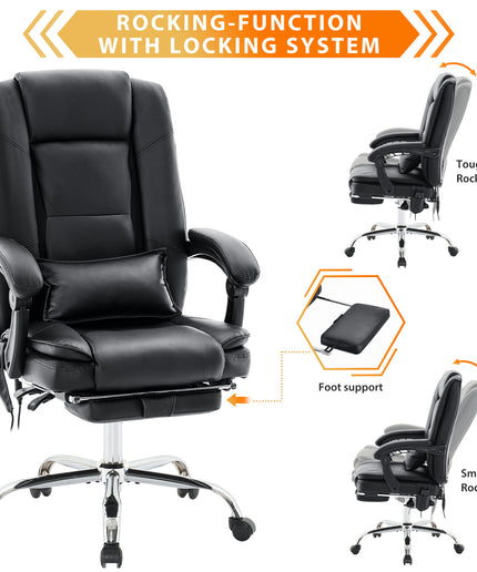 JONPONY Big and Tall Office Chair 500LBS Executive Office Chair Massage and Footrest Ergonomic Computer Desk Chair Reclining High Back Leather Office Chair Lumbar Back Support Swivel Rolling,Black