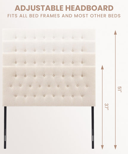 JONPONY Tufted Upholstered Headboard Queen Size, Solid Wood Head Board with Adjustable Height Headboard from 37" to 51",Bed Frame Adapters,Beige,Headboard Only