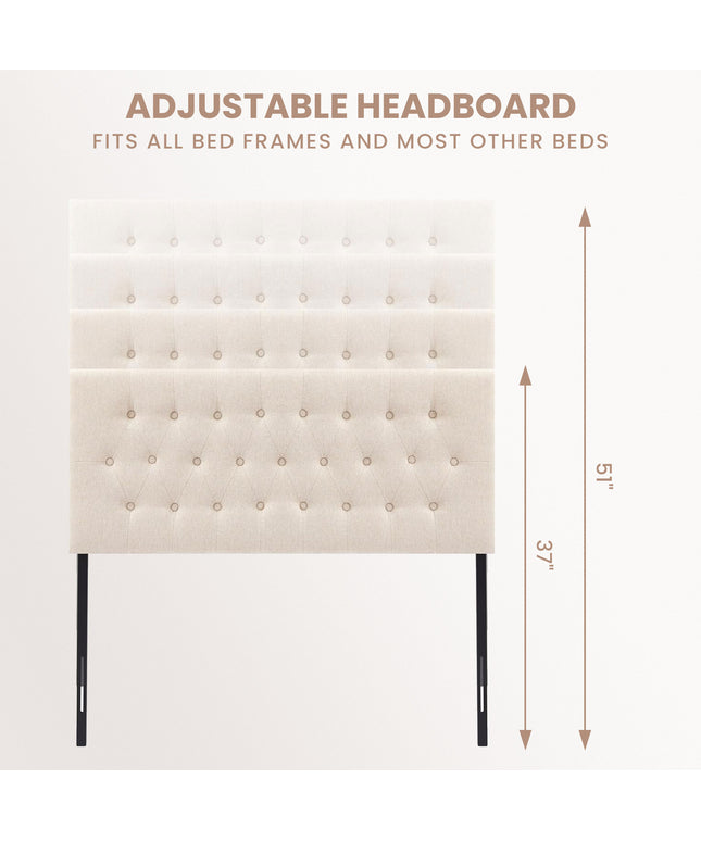 JONPONY Tufted Upholstered Headboard Queen Size, Solid Wood Head Board with Adjustable Height Headboard from 37" to 51",Bed Frame Adapters,Beige,Headboard Only