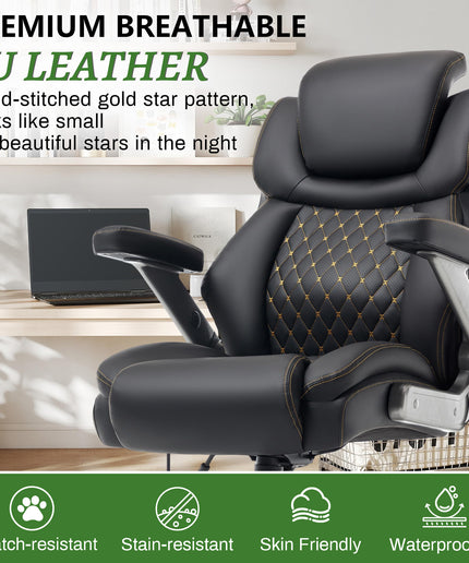 JONPONY Big and Tall Office Chair 500lbs, PU Leather High Back Desk Chair with 5D Flip Arms, Adjustable Headrest & Lumbar Airbag Support, Thick Spring Cushion, Armrests & Wheels, Black