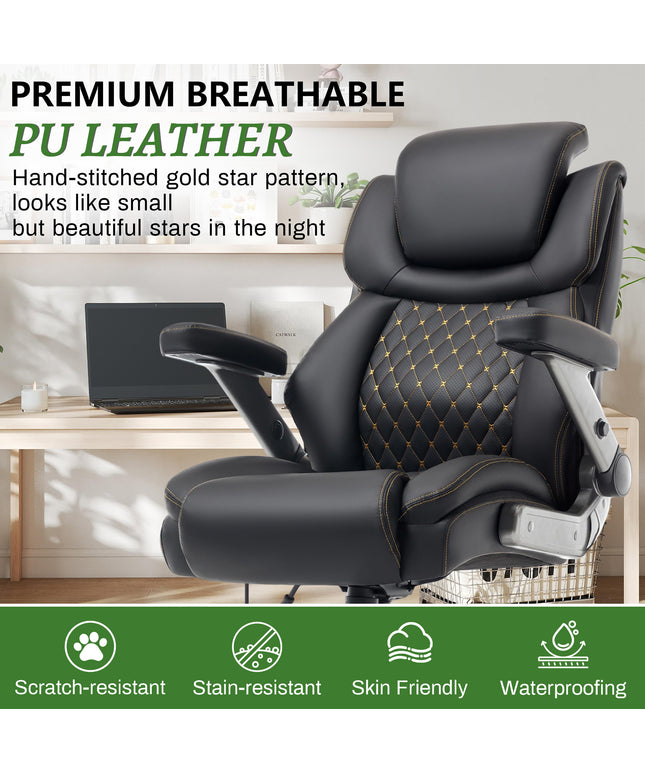 JONPONY Big and Tall Office Chair 500lbs, PU Leather High Back Desk Chair with 5D Flip Arms, Adjustable Headrest & Lumbar Airbag Support, Thick Spring Cushion, Armrests & Wheels, Black