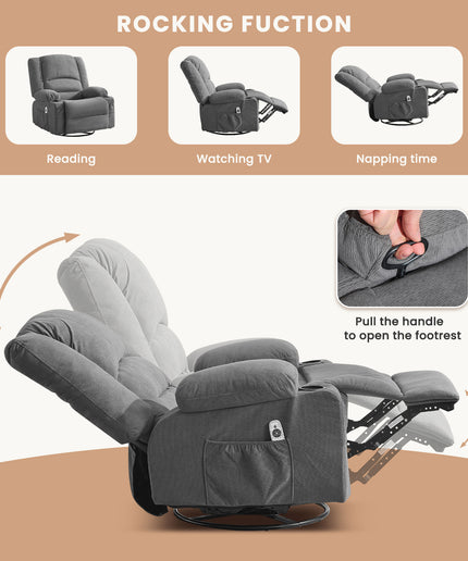 JONPONY Heated Manual Massage Recliner with 360° Swivel Rocker, Comfy Single Sofa with Side Pockets and Cup Holders for Living Room, Bedroom, and Home Theater