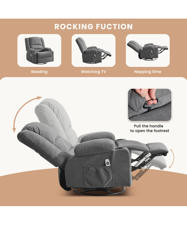 JONPONY Heated Manual Massage Recliner with 360° Swivel Rocker, Comfy Single Sofa with Side Pockets and Cup Holders for Living Room, Bedroom, and Home Theater
