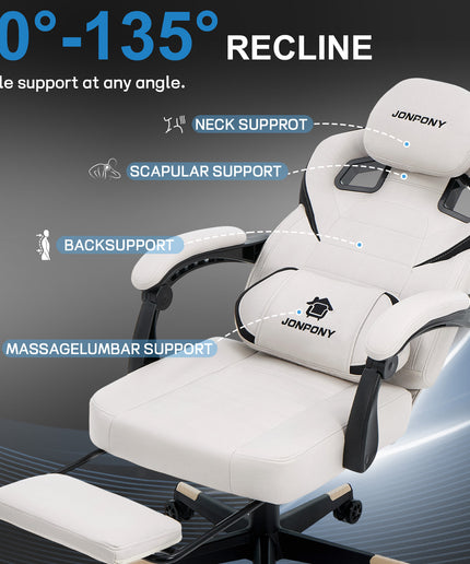 JONPONY Gaming Chair,500LBS Fabric Gamer Chair with footrest for Adults, High Back Ergonomic Computer Game Chair with Adjustable Headrest and Lumbar Support,White