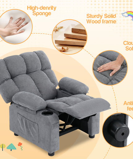 JONPONY Kids Recliner Chair, Push Back Toddler Recliner with Cup Holders & Side Pockets，Adjustable Footrest & Headrest Kids Sofa for Boys Girls 3+ Age Group, Children's Bedroom Furniture, Grey