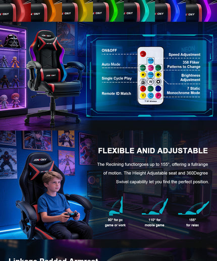 JONPONY Gaming Chair,Racing Style RGB LED Lights,Ergonomic Video Game Chair with Footrest and Lumbar Support ,High Back Reclining Computer Chair for Adults