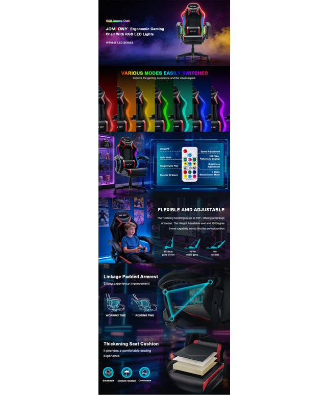 JONPONY Gaming Chair,Racing Style RGB LED Lights,Ergonomic Video Game Chair with Footrest and Lumbar Support ,High Back Reclining Computer Chair for Adults