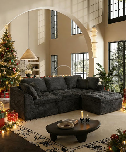 JONPONY 110" Cloud Sectional Couch for Living Room, Upholstered L-Shape Modular Sofa with Movable Ottoman, 3-Seater Deep-Seat Foam Couch, Comfortable Convertible Sectional for Home & Apartment（Beige）