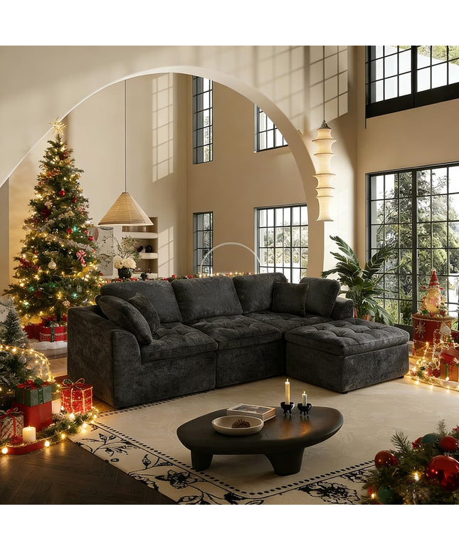 JONPONY 110" Cloud Sectional Couch for Living Room, Upholstered L-Shape Modular Sofa with Movable Ottoman, 3-Seater Deep-Seat Foam Couch, Comfortable Convertible Sectional for Home & Apartment（Beige）