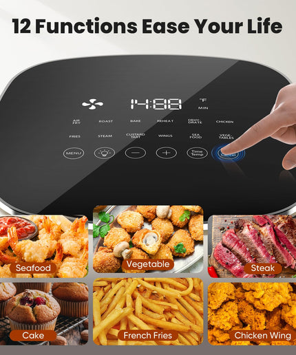 JONPONY Air Fryer 6 Quart with Window, Square Air Fryer 12-in-1 Air Fry, Roast, Reheat, Dehydrate, Fries, Custard, Chicken, Wings, Sea Food, Vegetabels, 400F