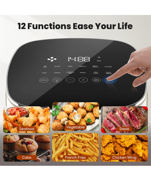 JONPONY Air Fryer 6 Quart with Window, Square Air Fryer 12-in-1 Air Fry, Roast, Reheat, Dehydrate, Fries, Custard, Chicken, Wings, Sea Food, Vegetabels, 400F