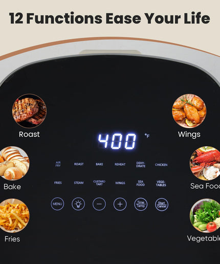 JONPONY Air Fryer 6 Quart with Window, Square Air Fryer 12-in-1 Air Fry, Roast, Reheat, Dehydrate, Fries, Custard, Chicken, Wings, Sea Food, Vegetabels, 400F