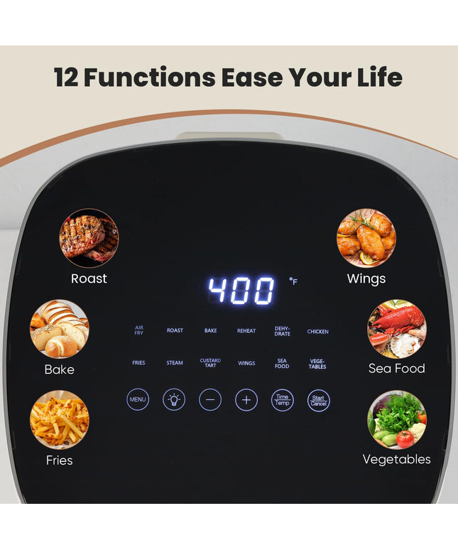 JONPONY Air Fryer 6 Quart with Window, Square Air Fryer 12-in-1 Air Fry, Roast, Reheat, Dehydrate, Fries, Custard, Chicken, Wings, Sea Food, Vegetabels, 400F