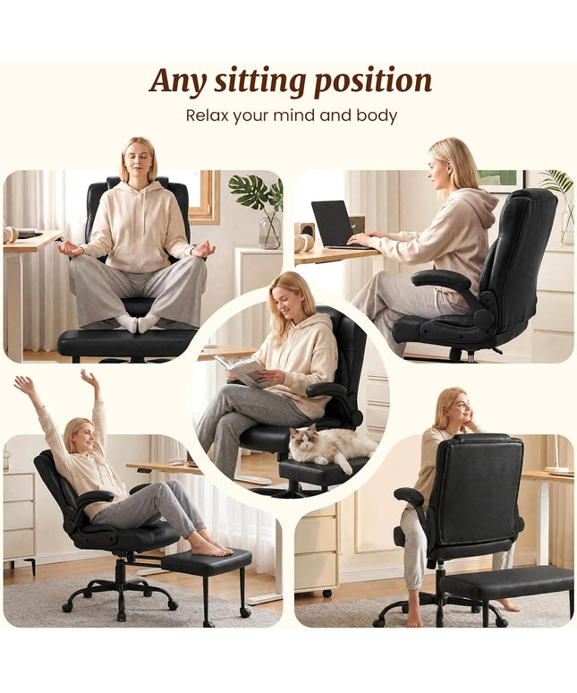 Jonpony Cross Legged Office Chair with Arms, Wide Criss Cross Chair with Wheels, 360° Rotating Footrest, Height Adjustable Swivel Chair for ADHD, Heavy Duty Ergonomic Office Chair for Home Office Relaxing