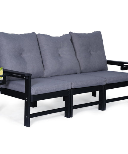 Jonpony Outdoor 3-Seat Sofa, HDPE Patio Couch with Cup Holeder & Thick Gray Cushions, Deep Seating Sofa for Garden, Deck, Front Porch