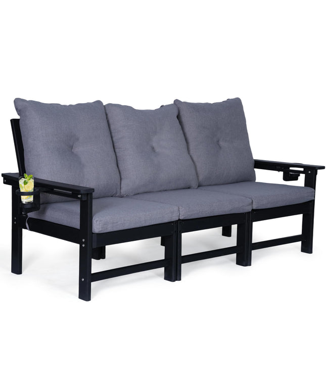 Jonpony Outdoor 3-Seat Sofa, HDPE Patio Couch with Cup Holeder & Thick Gray Cushions, Deep Seating Sofa for Garden, Deck, Front Porch