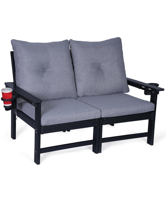 Jonpony Outdoor Loveseat Sofa, HDPE Patio Couch with Cup Holeder & Thick Gray Cushions, Deep Seating Sofa for Garden, Deck, Front Porch