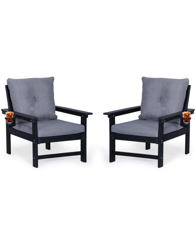 Jonpony Outdoor Armchairs Set of 2, HDPE Patio Couch with Cup Holeder & Thick Gray Cushions, Deep Seating Single Sofa for Garden, Deck, Front Porch
