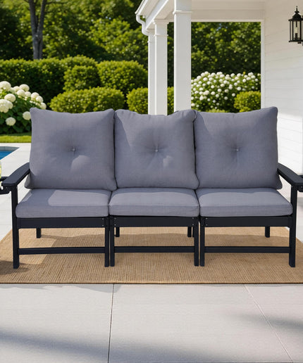 Jonpony Outdoor 3-Seat Sofa, HDPE Patio Couch with Cup Holeder & Thick Gray Cushions, Deep Seating Sofa for Garden, Deck, Front Porch
