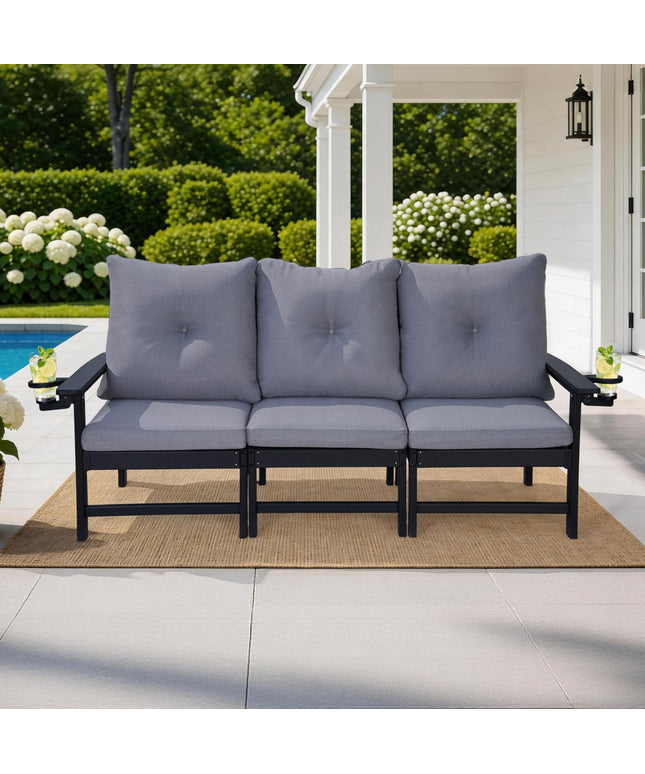 Jonpony Outdoor 3-Seat Sofa, HDPE Patio Couch with Cup Holeder & Thick Gray Cushions, Deep Seating Sofa for Garden, Deck, Front Porch