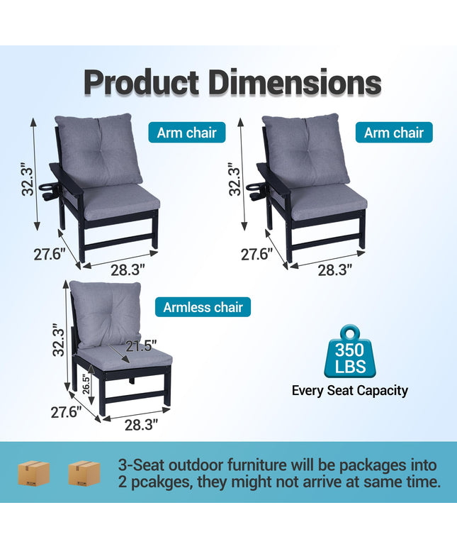 Jonpony Outdoor 3-Seat Sofa, HDPE Patio Couch with Cup Holeder & Thick Gray Cushions, Deep Seating Sofa for Garden, Deck, Front Porch