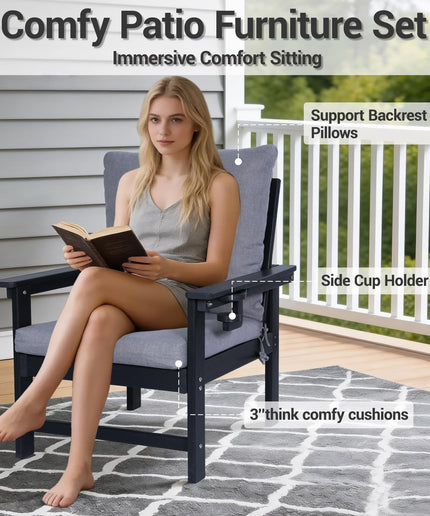 Jonpony Outdoor 3-Seat Sofa, HDPE Patio Couch with Cup Holeder & Thick Gray Cushions, Deep Seating Sofa for Garden, Deck, Front Porch