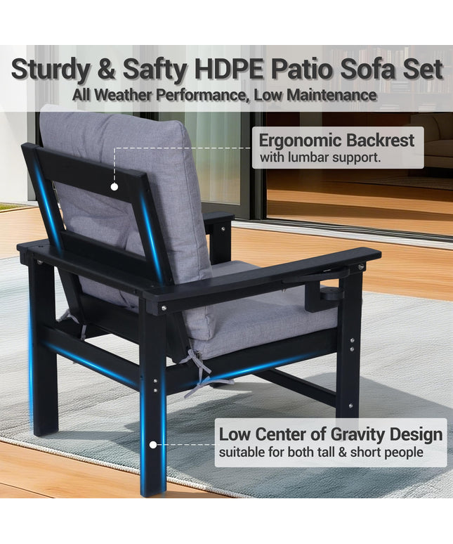 Jonpony Outdoor 3-Seat Sofa, HDPE Patio Couch with Cup Holeder & Thick Gray Cushions, Deep Seating Sofa for Garden, Deck, Front Porch