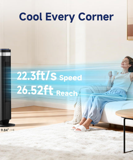 JONPONY Tower Fan for Bedroom, 28dB Quiet Floor Standing Fan with Remote, 12H Timer, 5 Speeds, 4 Modes, LED Display, Portable Bladeless Oscillating Cooling Fan for Indoor, Home, Office