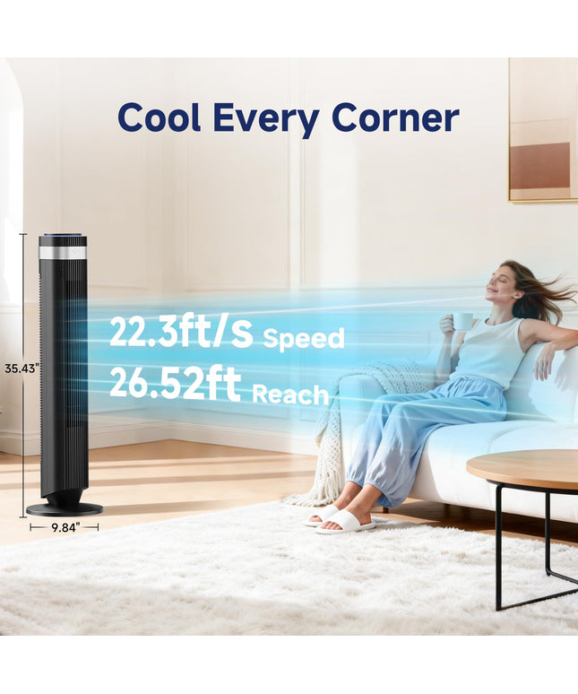 JONPONY Tower Fan for Bedroom, 28dB Quiet Floor Standing Fan with Remote, 12H Timer, 5 Speeds, 4 Modes, LED Display, Portable Bladeless Oscillating Cooling Fan for Indoor, Home, Office