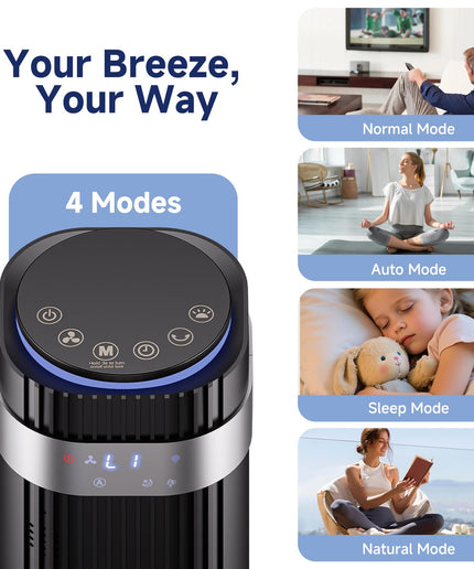 JONPONY Tower Fan for Bedroom, 28dB Quiet Floor Standing Fan with Remote, 12H Timer, 5 Speeds, 4 Modes, LED Display, Portable Bladeless Oscillating Cooling Fan for Indoor, Home, Office