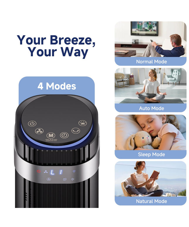 JONPONY Tower Fan for Bedroom, 28dB Quiet Floor Standing Fan with Remote, 12H Timer, 5 Speeds, 4 Modes, LED Display, Portable Bladeless Oscillating Cooling Fan for Indoor, Home, Office