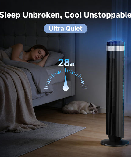 JONPONY Tower Fan for Bedroom, 28dB Quiet Floor Standing Fan with Remote, 12H Timer, 5 Speeds, 4 Modes, LED Display, Portable Bladeless Oscillating Cooling Fan for Indoor, Home, Office