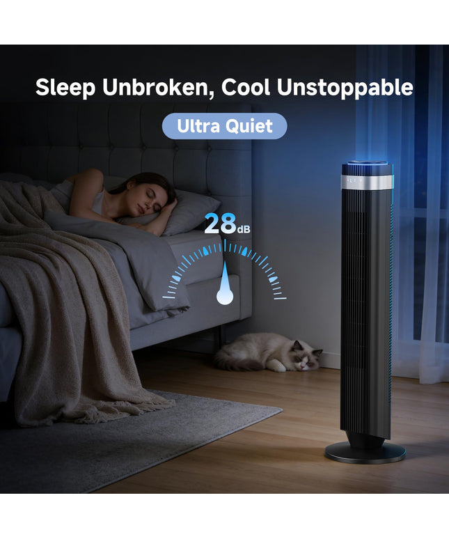 JONPONY Tower Fan for Bedroom, 28dB Quiet Floor Standing Fan with Remote, 12H Timer, 5 Speeds, 4 Modes, LED Display, Portable Bladeless Oscillating Cooling Fan for Indoor, Home, Office