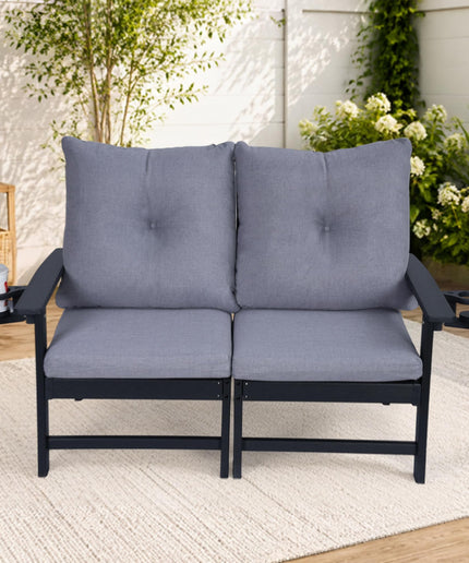 Jonpony Outdoor Loveseat Sofa, HDPE Patio Couch with Cup Holeder & Thick Gray Cushions, Deep Seating Sofa for Garden, Deck, Front Porch