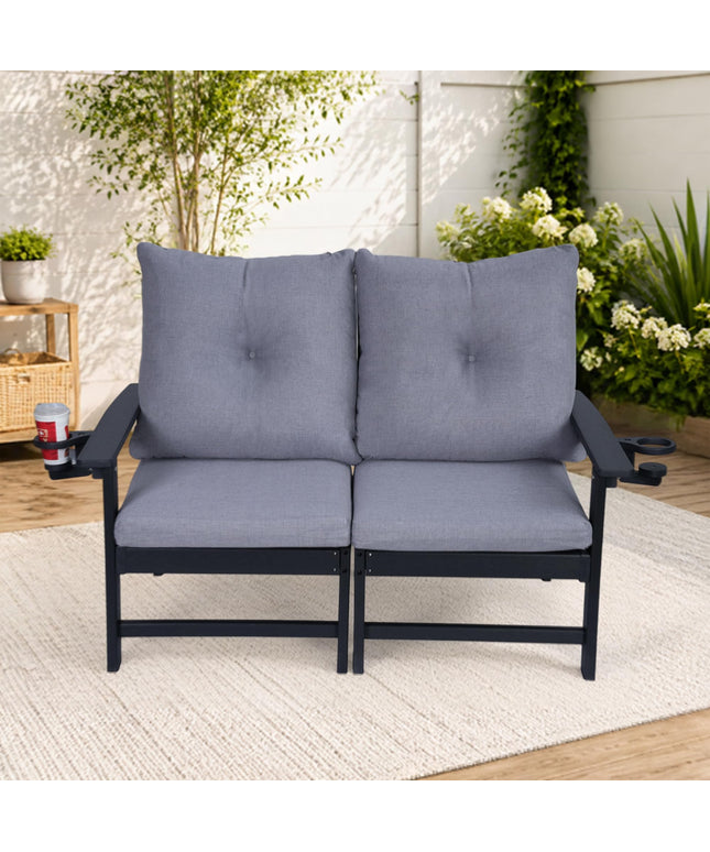 Jonpony Outdoor Loveseat Sofa, HDPE Patio Couch with Cup Holeder & Thick Gray Cushions, Deep Seating Sofa for Garden, Deck, Front Porch