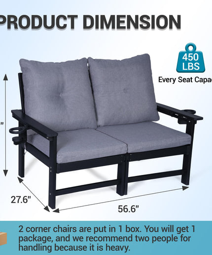 Jonpony Outdoor Loveseat Sofa, HDPE Patio Couch with Cup Holeder & Thick Gray Cushions, Deep Seating Sofa for Garden, Deck, Front Porch