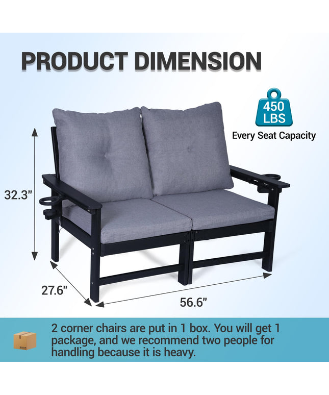 Jonpony Outdoor Loveseat Sofa, HDPE Patio Couch with Cup Holeder & Thick Gray Cushions, Deep Seating Sofa for Garden, Deck, Front Porch