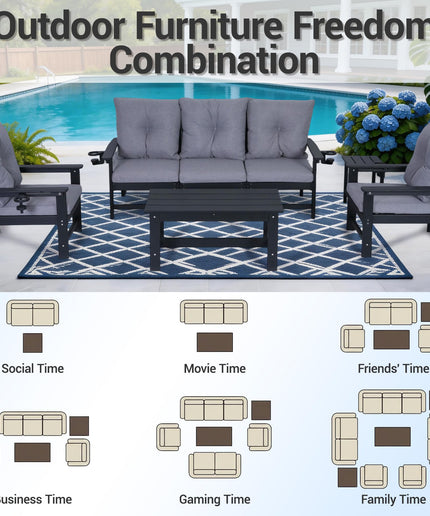 Jonpony Outdoor Loveseat Sofa, HDPE Patio Couch with Cup Holeder & Thick Gray Cushions, Deep Seating Sofa for Garden, Deck, Front Porch