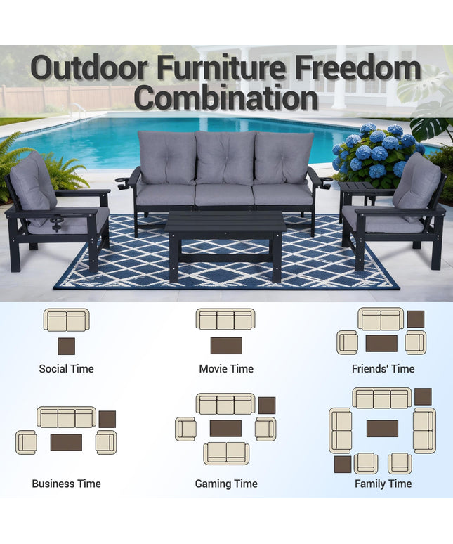 Jonpony Outdoor Loveseat Sofa, HDPE Patio Couch with Cup Holeder & Thick Gray Cushions, Deep Seating Sofa for Garden, Deck, Front Porch